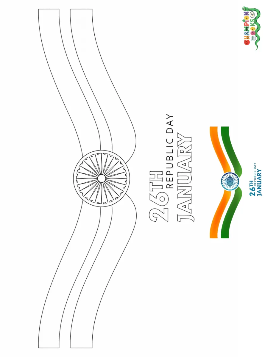 26th January Republic Day coloring worksheet for kindergarten kids with tricolor ribbon and Ashoka Chakra