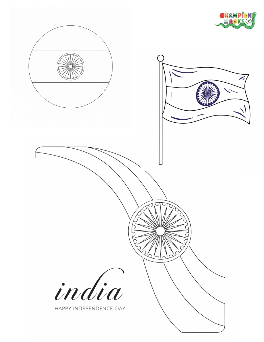 Independence Day coloring worksheet for kindergarten kids with Indian flag and Ashoka Chakra