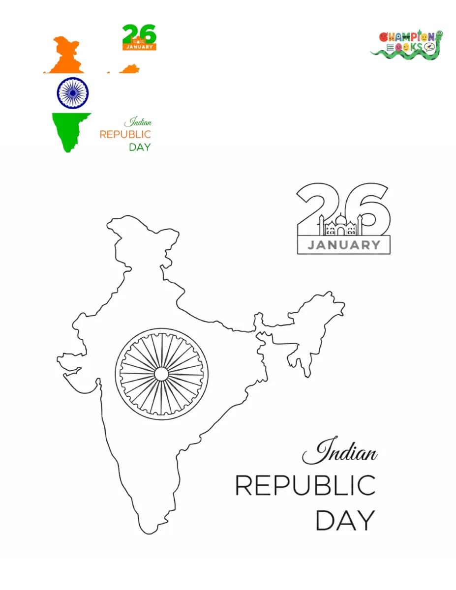 Indian Republic Day worksheet featuring India map outline, Ashoka Chakra, and date 26 January for coloring activity.