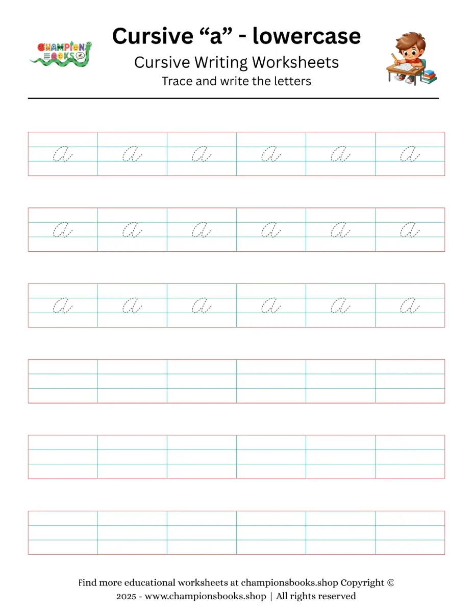 Lowercase Cursive 'a' Writing Worksheet for Kindergarten