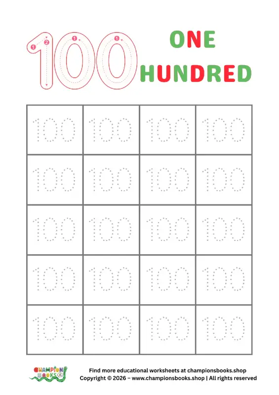 Trace Number 100 Worksheet | Kindergarten Math Practice
