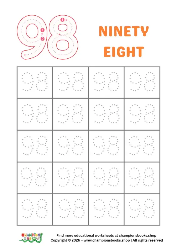 Trace Number 98 Worksheet | Kindergarten Math Practice