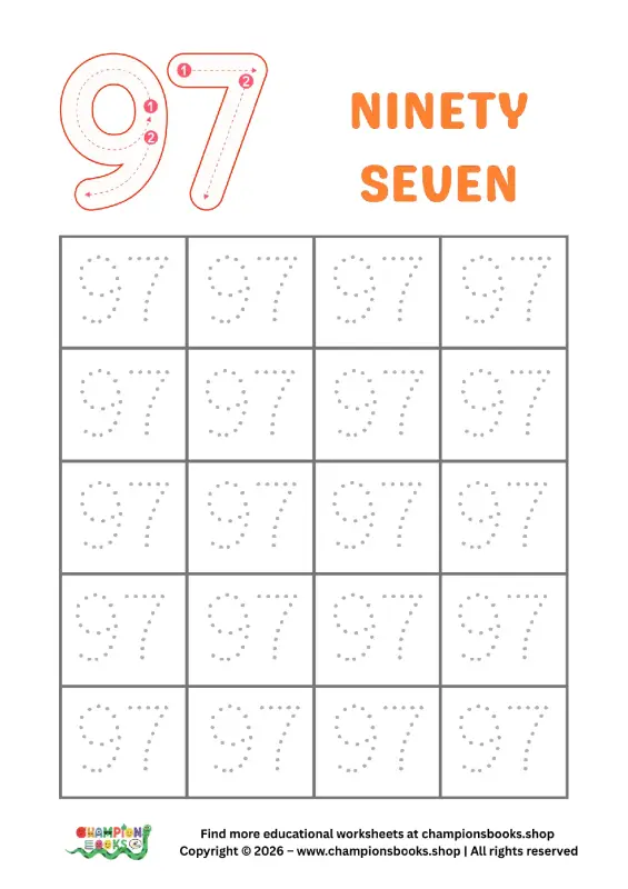 Number 97 tracing worksheet for kindergarten students to practice writing the number ninety-seven.