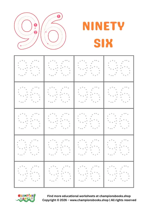 Trace Number 96 Worksheet | Kindergarten Math Practice