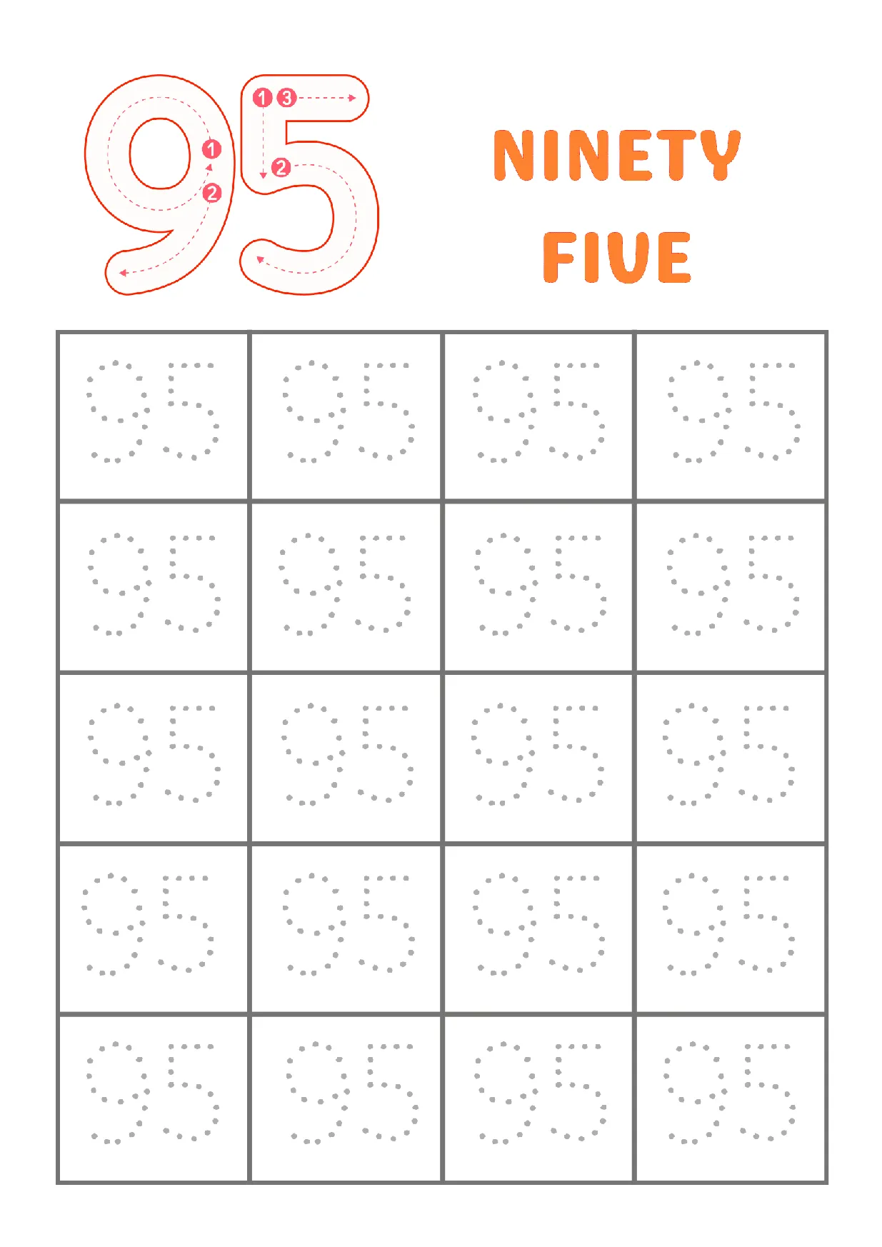 Tracing Number 95 Worksheet for kids to practice writing the number ninety-five