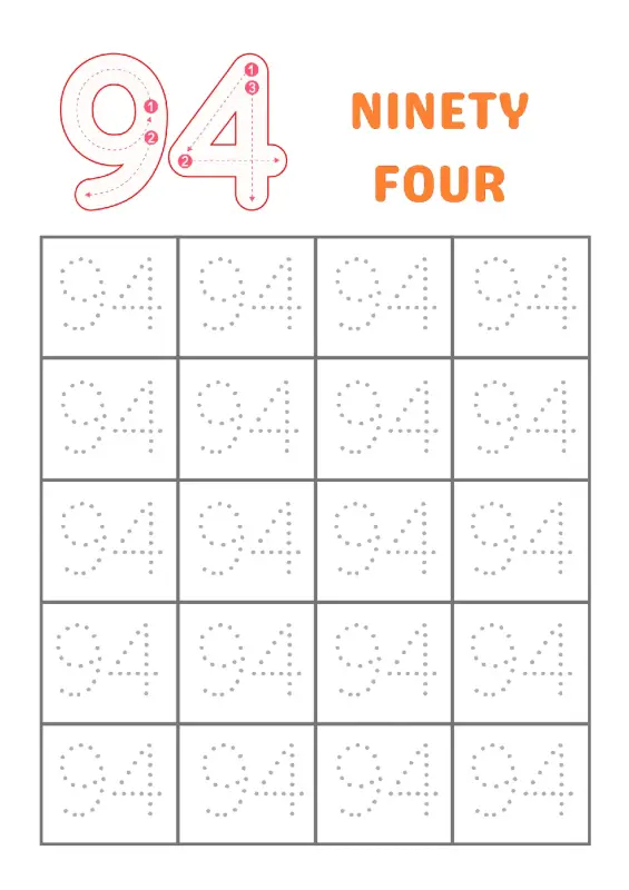 Trace Number 94 Worksheet: Write Ninety-Four Fun for Kids