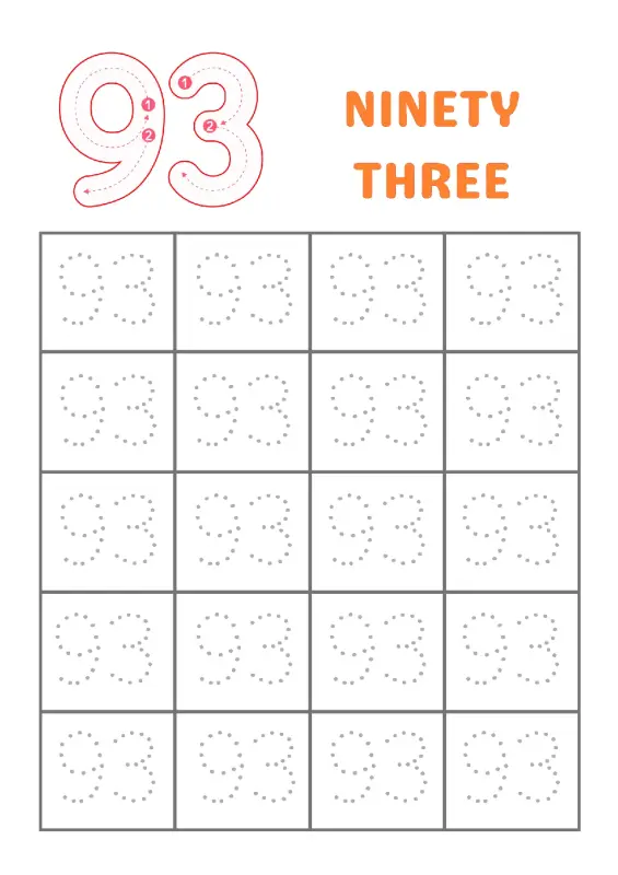 Trace Number 93 Worksheet | Learn to Write Ninety-Three