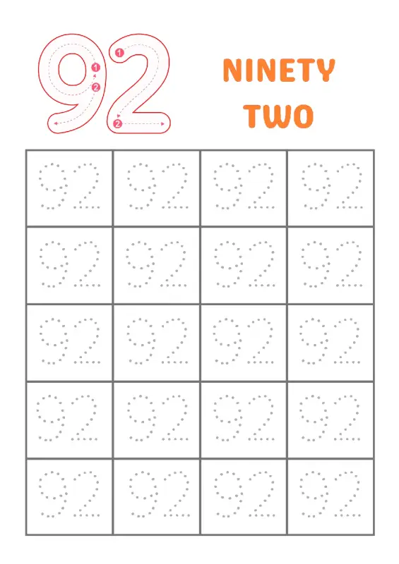 Trace Number 92 worksheet for kindergarten students to practice writing the number ninety-two and develop fine motor skills.