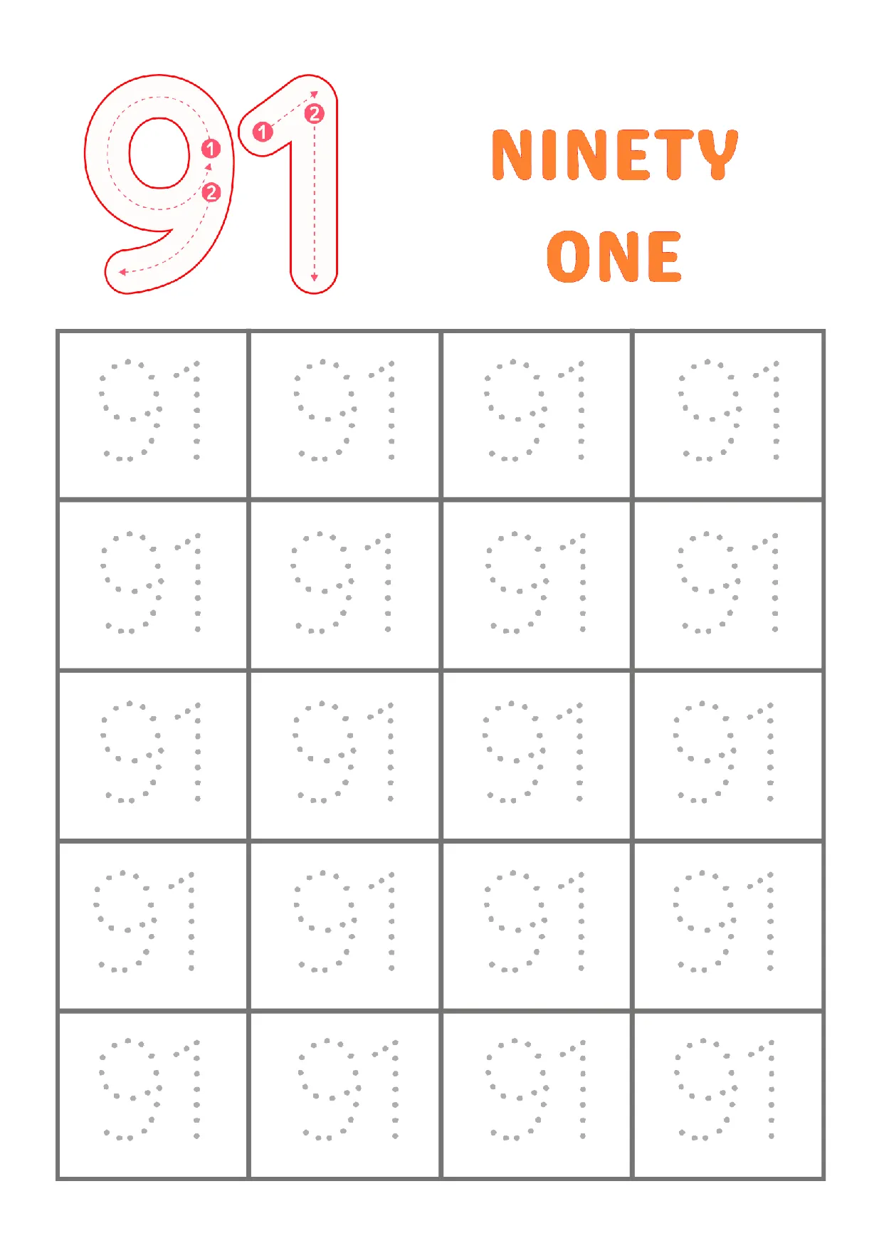Trace Number 91 Worksheet | Printable Math Practice for Kids