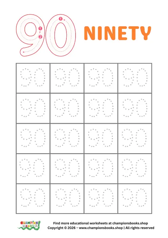 Kindergarten tracing number 90 worksheet for practicing writing the number ninety.