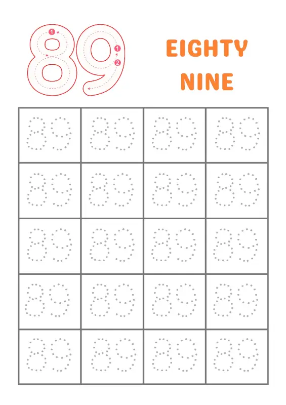Trace Number 89 Worksheet for Kindergarten | Free Printable