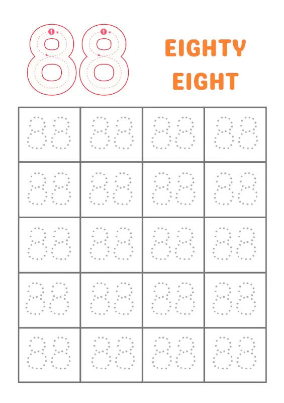 Kindergarten Number 88 tracing worksheet with dotted outlines for practice