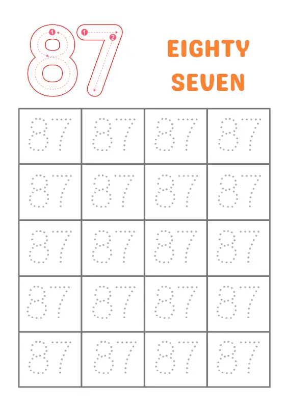 Trace Number 87 Worksheet | Kindergarten Math Practice