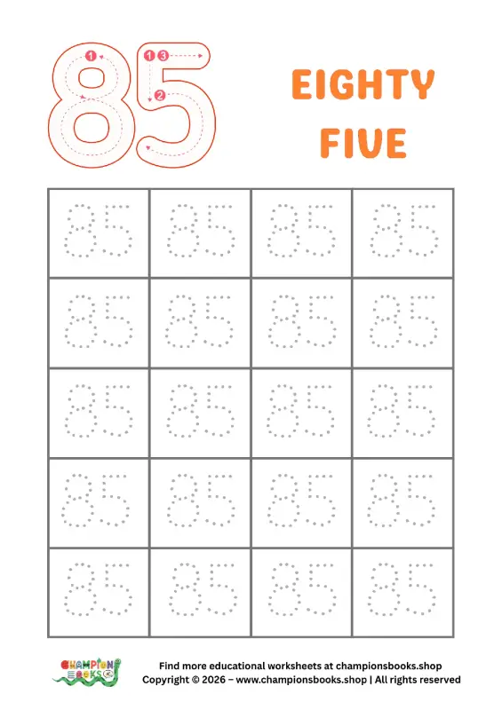 Trace Number 85 Worksheet | Fun Kindergarten Math Practice