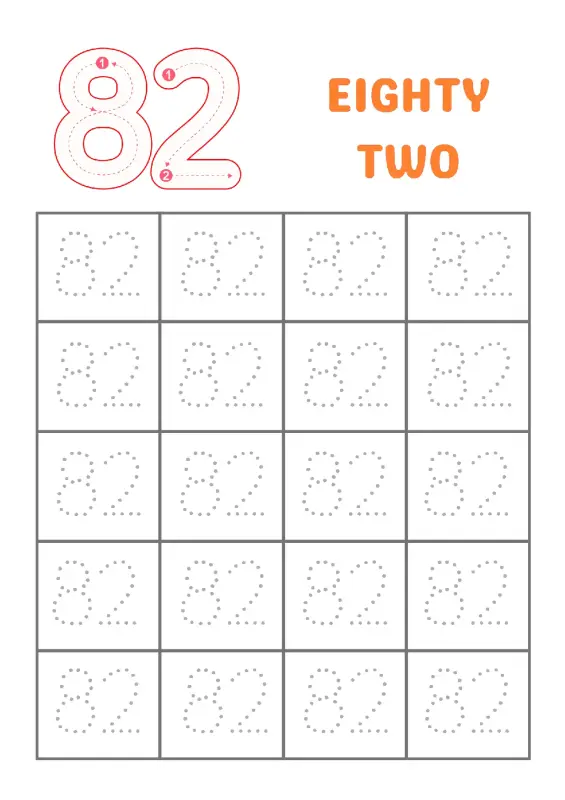Trace Number 82 Worksheet for Kindergarten | Learn to Write 82