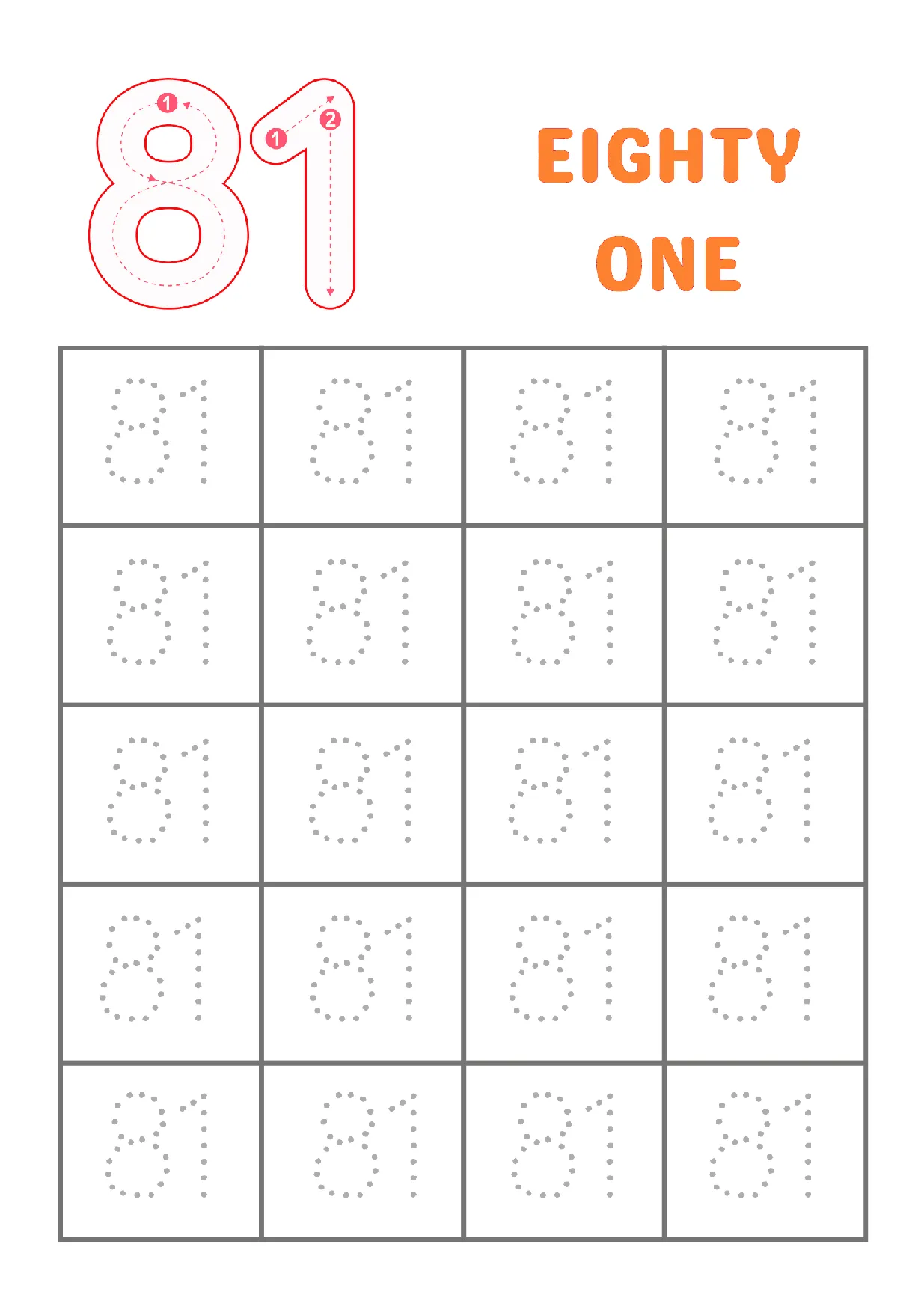 Trace Number 81 Worksheet: Kindergarten Number Practice