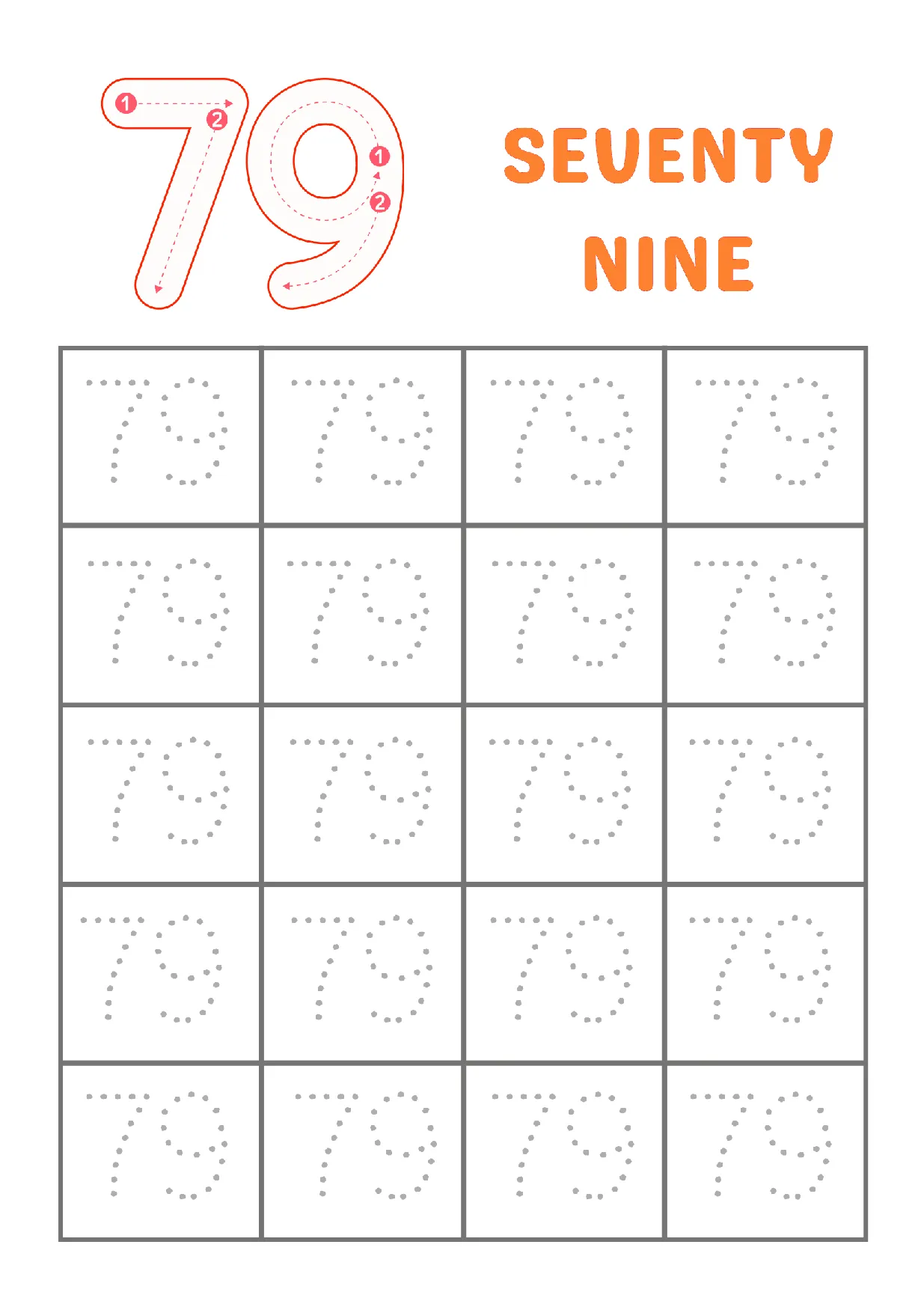 Trace number 79 worksheet for Kindergarten students, featuring dotted lines and stroke order guidance to help kids learn to write the numeral seventy nine.