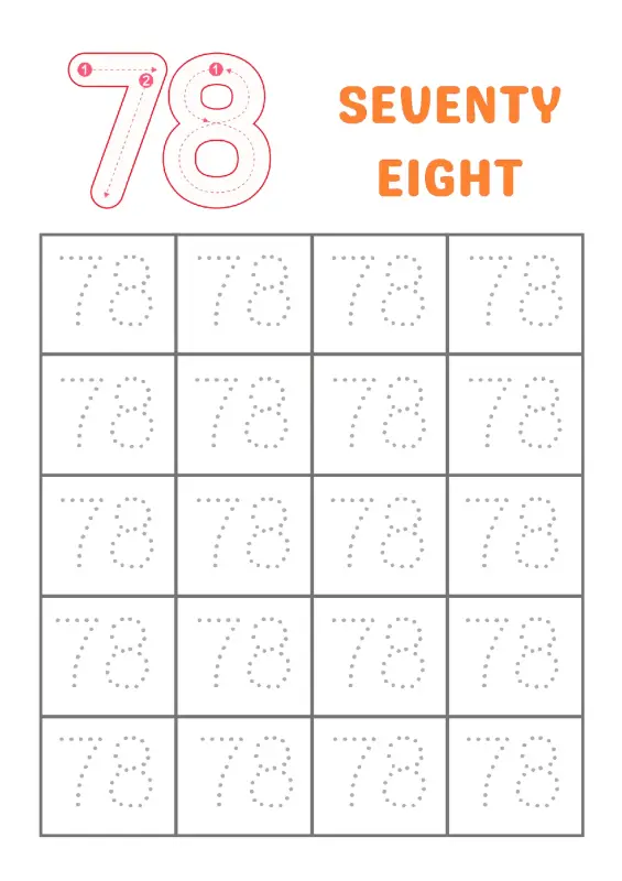 Trace Number 78 Worksheet | Learn to Write Seventy-Eight
