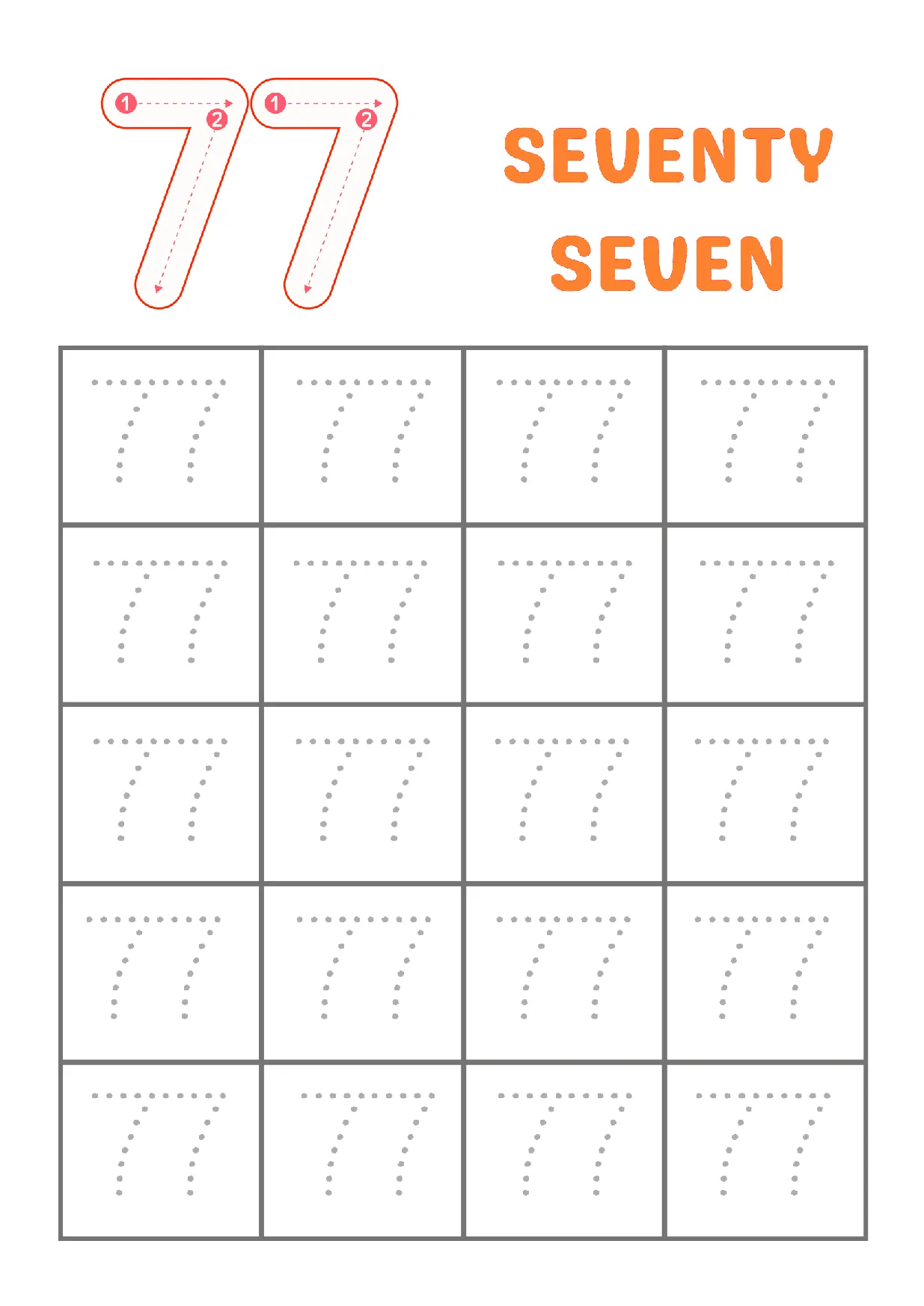 Trace Number 77 Worksheet | Kindergarten Math Practice