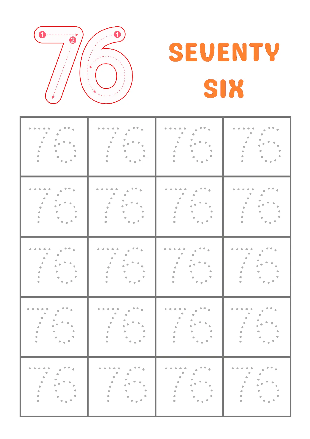 Trace number 76 worksheet for kindergarten students to practice writing the number seventy-six and improve fine motor skills.