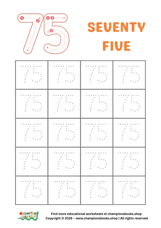Trace Number 75 Worksheet for Kids | Learn Seventy Five