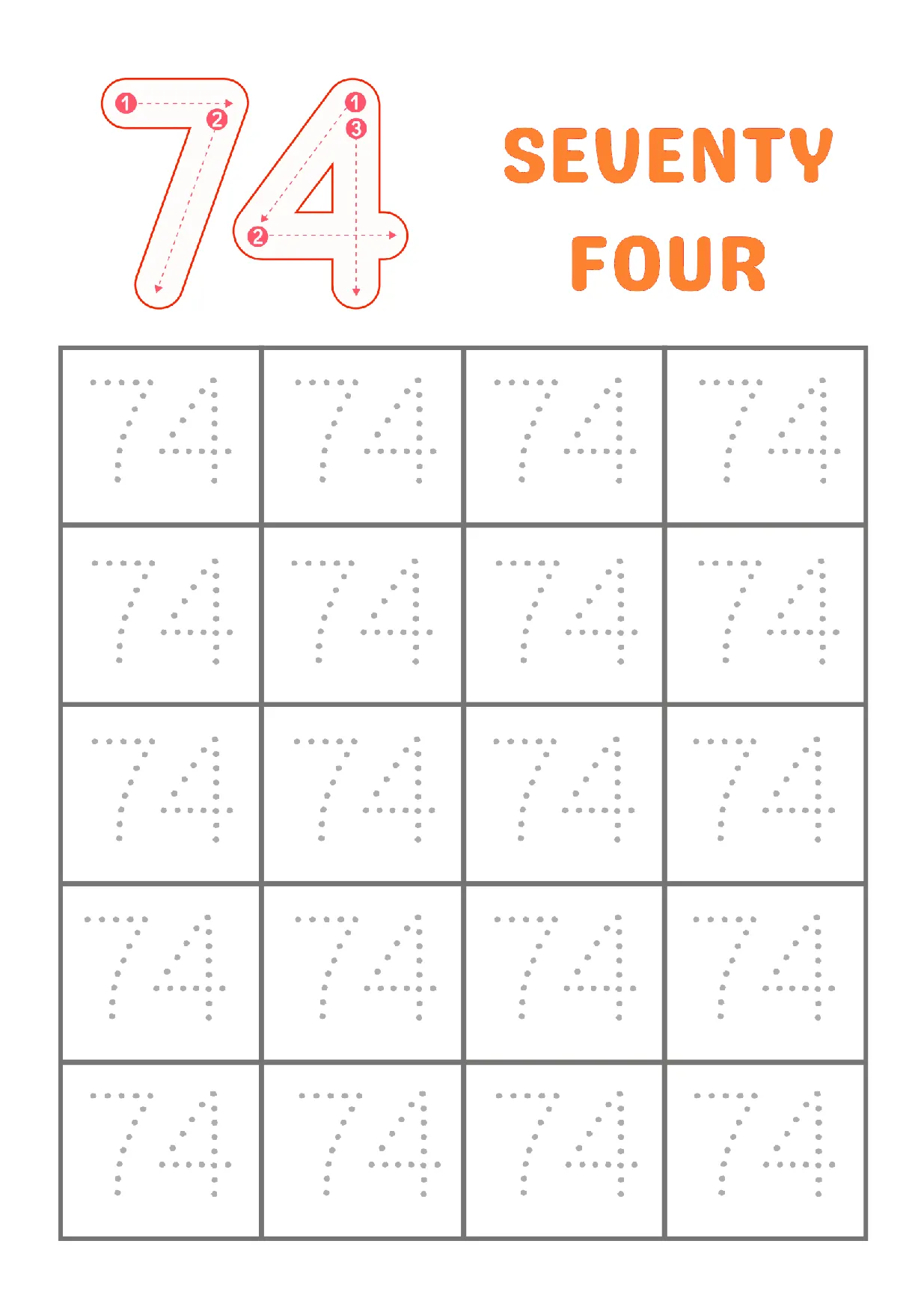 Number 74 Tracing Worksheet | Learn to Write Seventy-Four