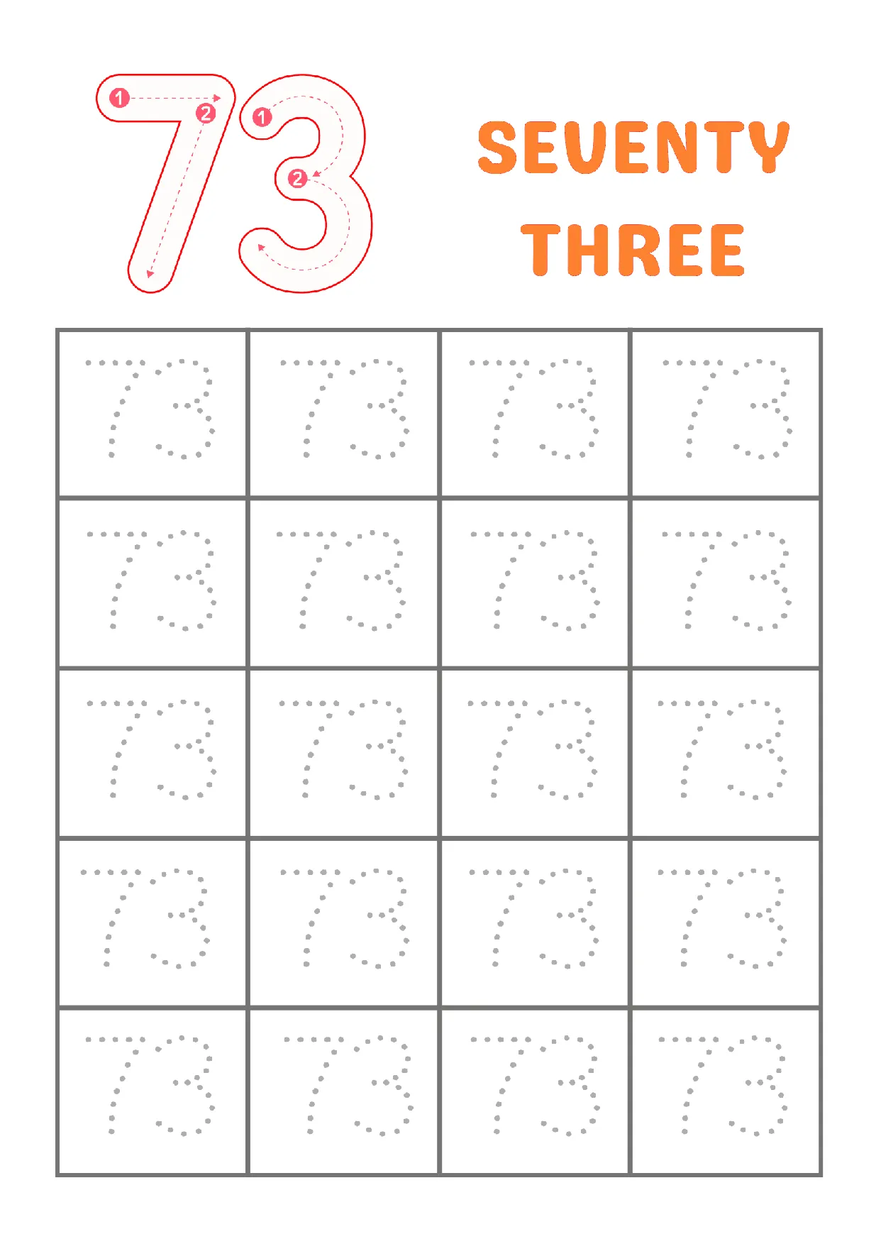 Trace Number 73 Worksheet | Kindergarten Math Practice