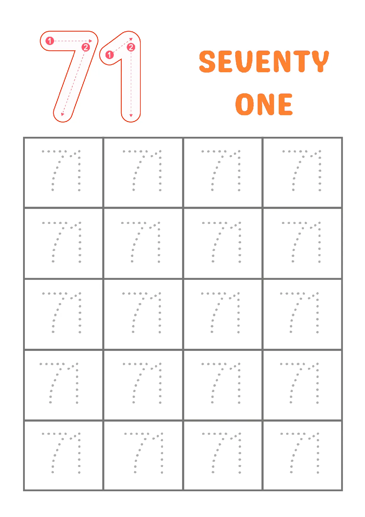 Trace Number 71 Worksheet | Kindergarten Number Practice