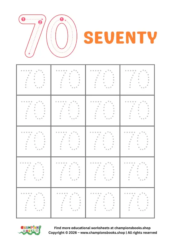 Trace Number 70 Worksheet | Fun Kindergarten Math Practice