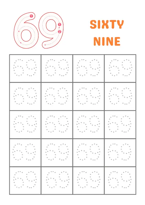 Trace Number 69 worksheet for Grade 1 students, featuring dotted lines for practicing writing the number sixty-nine.