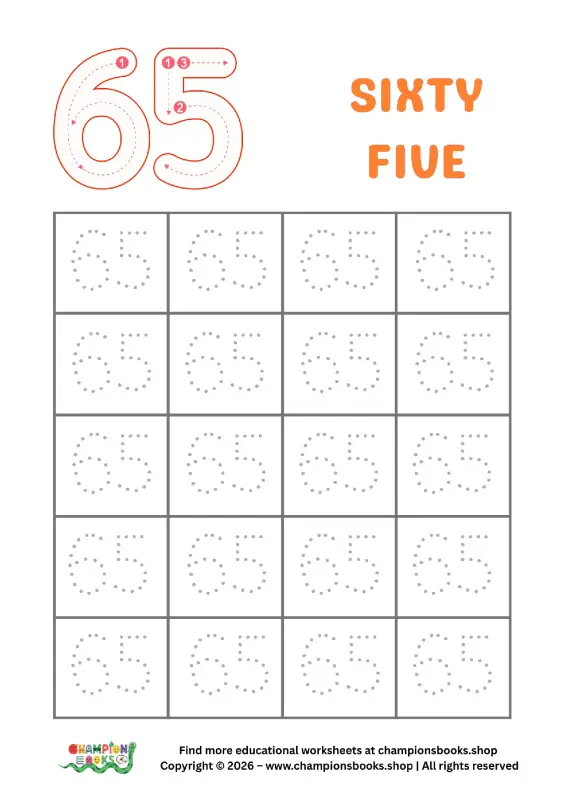 Number 65 tracing worksheet for Grade 1 students to practice writing the number sixty-five.