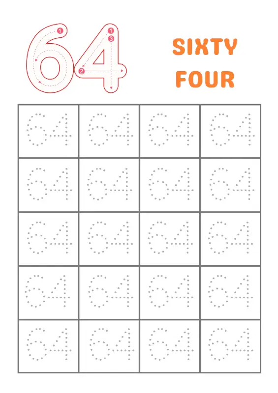 Trace Number 64 Worksheet | Kindergarten Number Practice