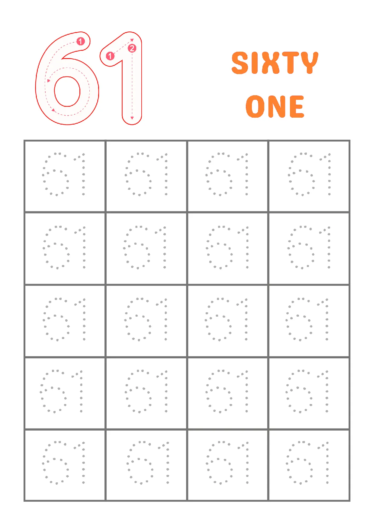 Trace Number 61 Worksheet | Kindergarten Math Practice