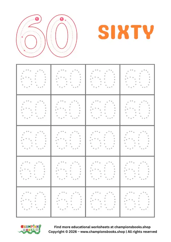 Trace Number 60 Worksheet for Kindergarten | Learn Sixty