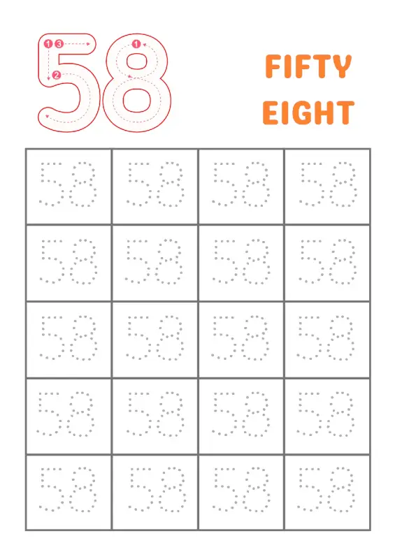 Kindergarten number 58 tracing worksheet for practicing writing the numeral fifty-eight.