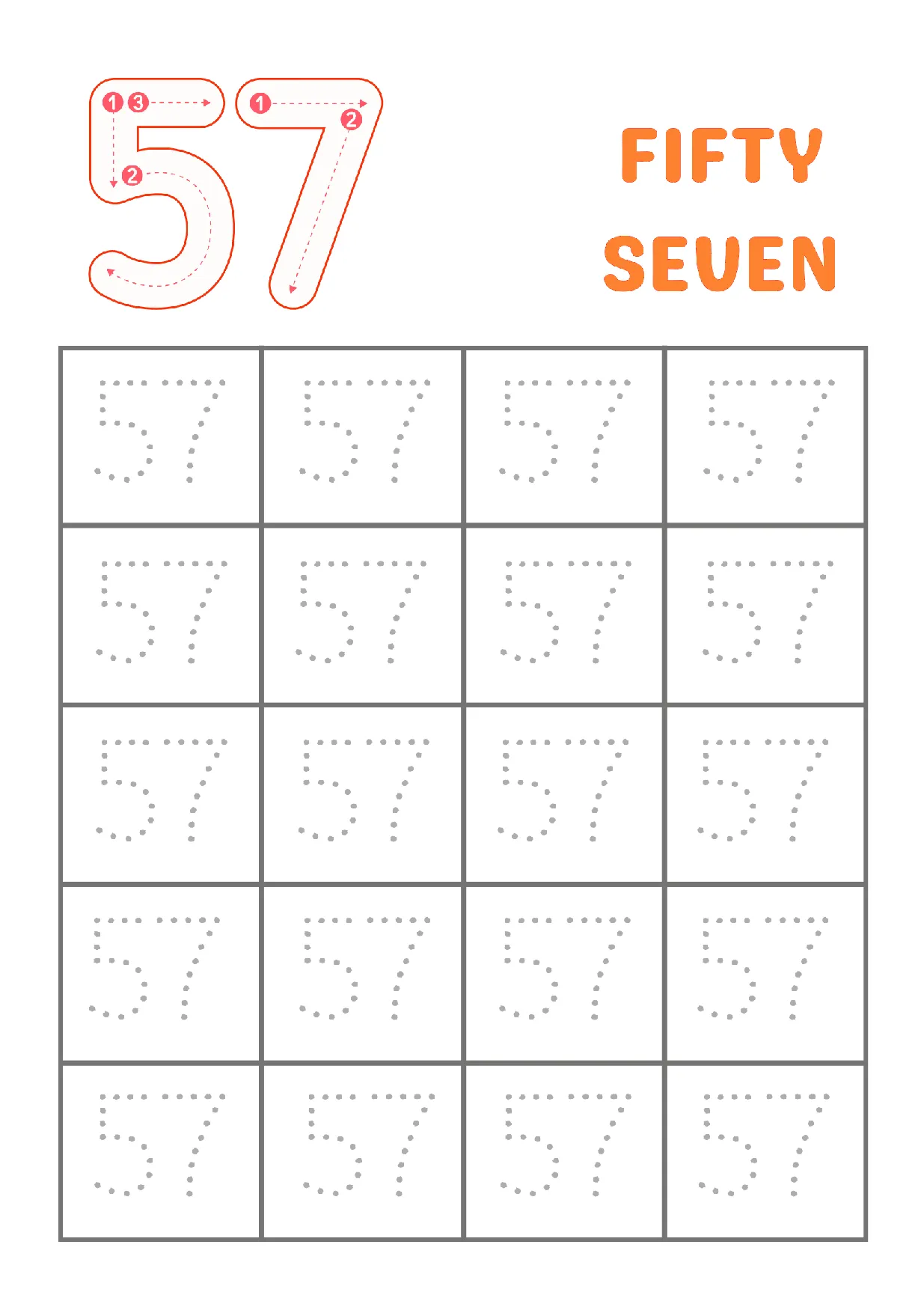 Trace Number 57 Worksheet | Fun Writing Practice for Kids