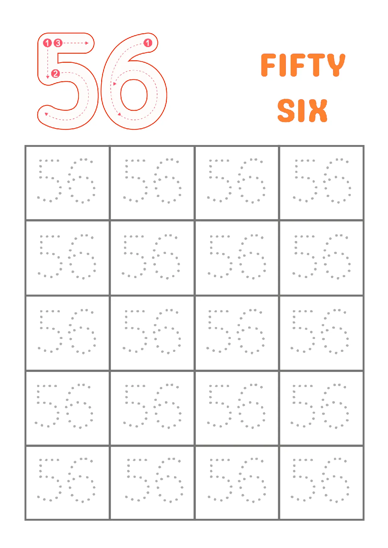 Trace Number 56 Worksheet for Kindergarten | Learn Fifty-Six