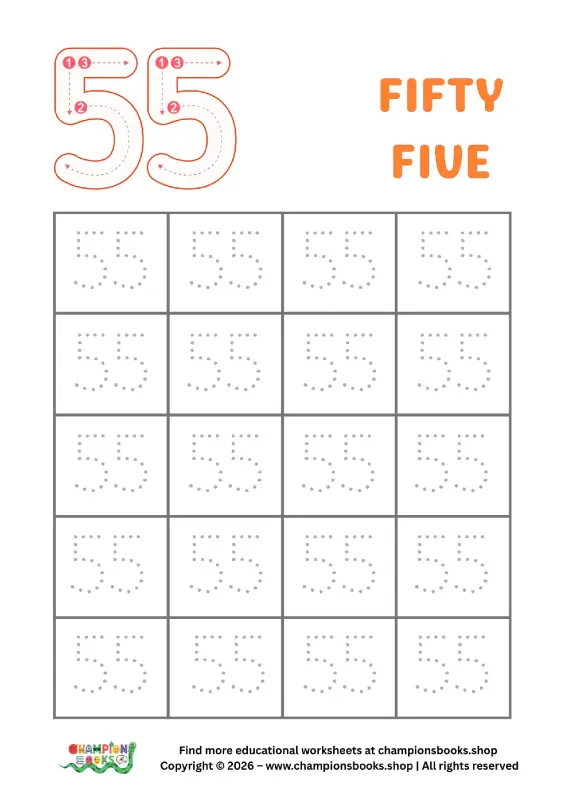 Trace Number 55 Worksheet for Grade 1 | Fun Learning