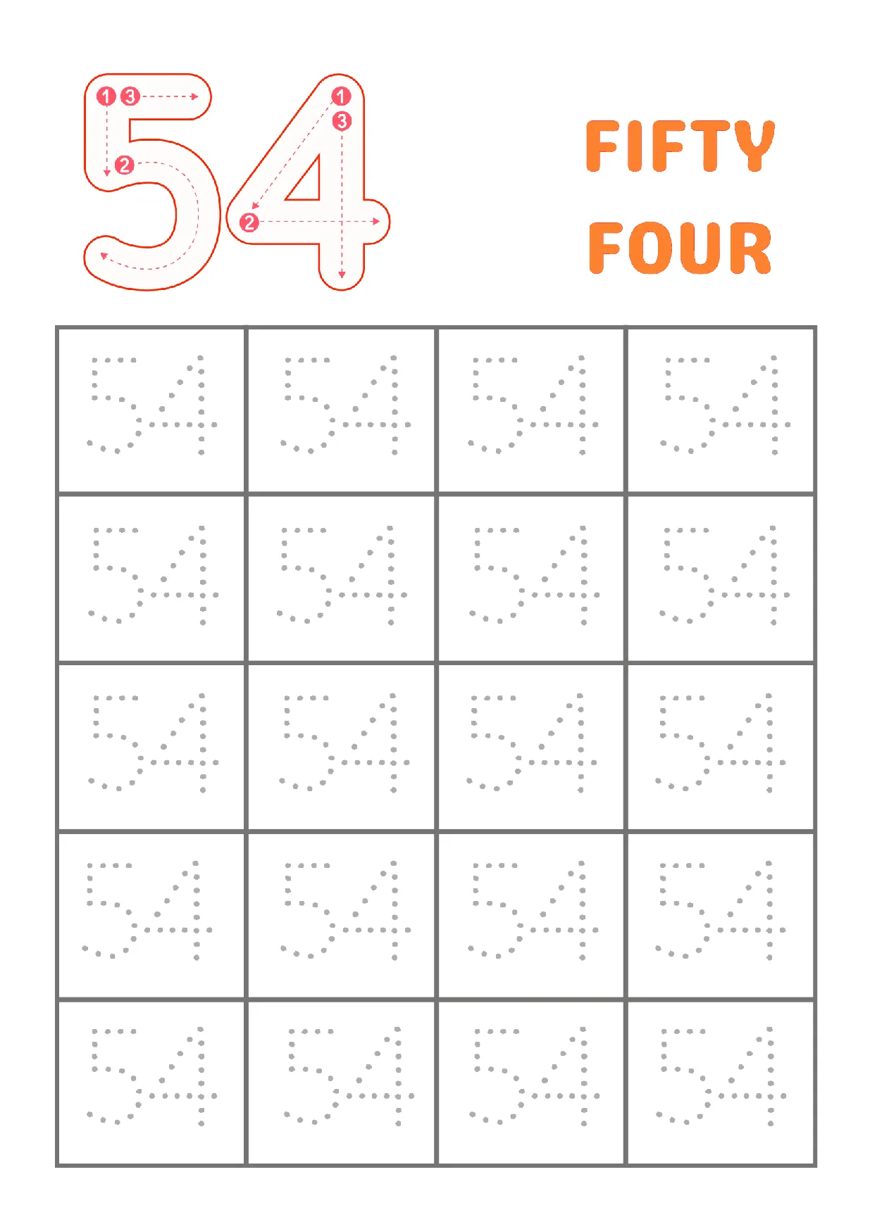 Printable worksheet for kids to trace the number 54, ideal for kindergarten math practice.