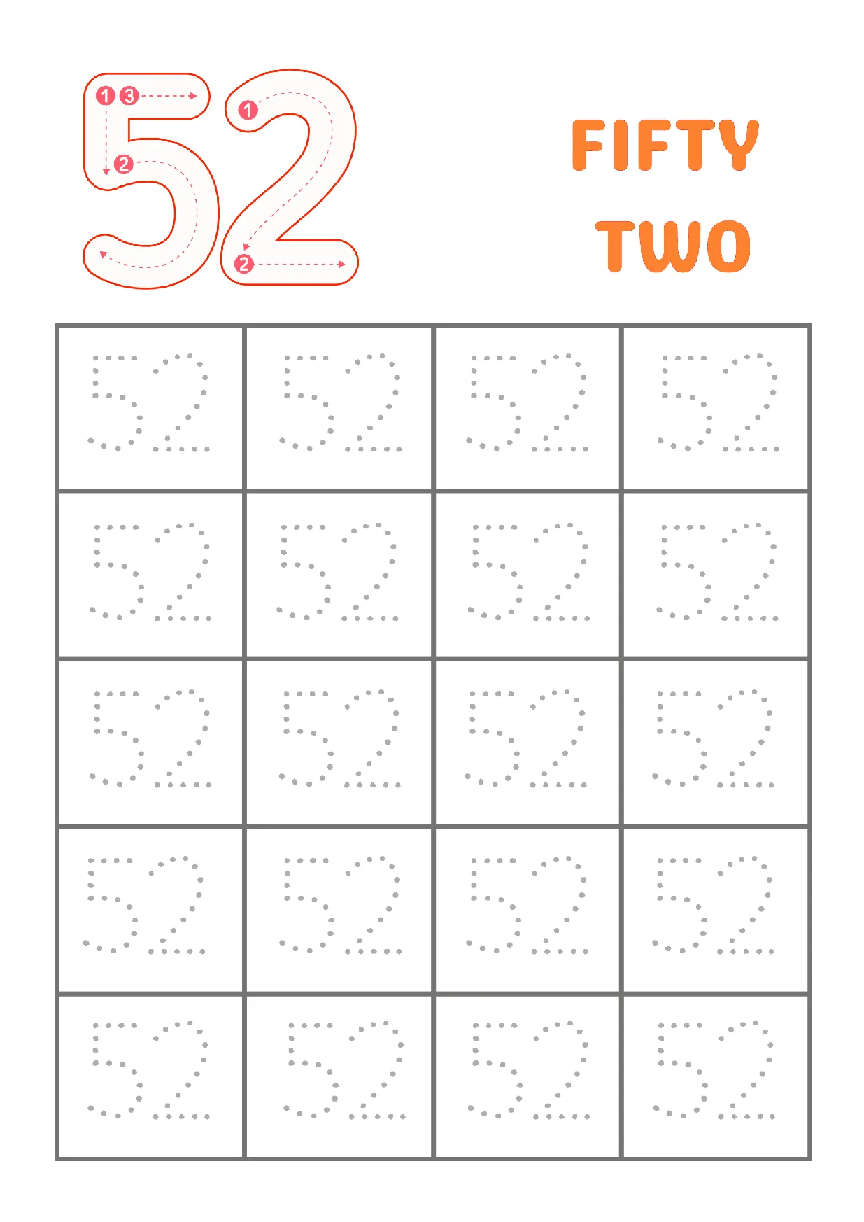 Trace Number 52 Worksheet | Kindergarten Math Activity