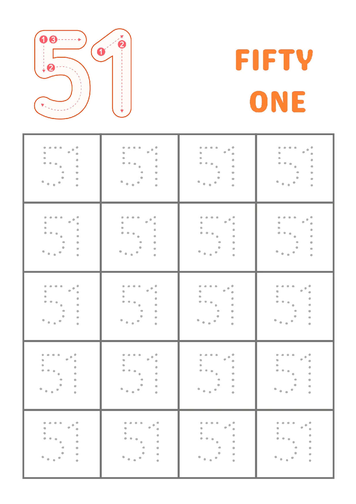 Number 51 tracing worksheet for kids, showing dotted outlines of the numeral fifty-one for handwriting practice.