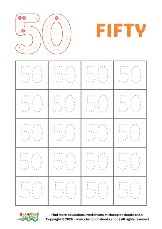 Trace Number 50 Worksheet | Kindergarten Number Practice