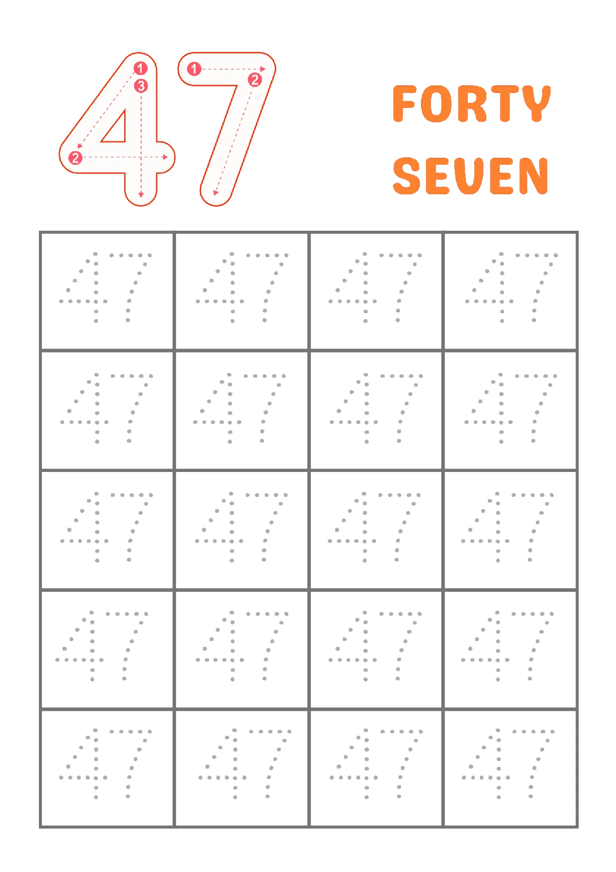 Trace Number 47 Worksheet | Kindergarten Number Practice