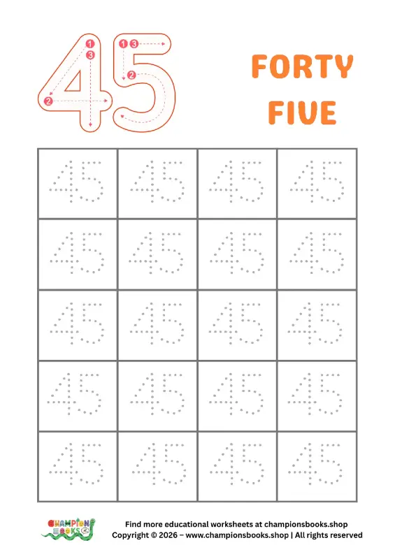 Kindergarten tracing worksheet for the number 45 with dotted outlines and stroke guides