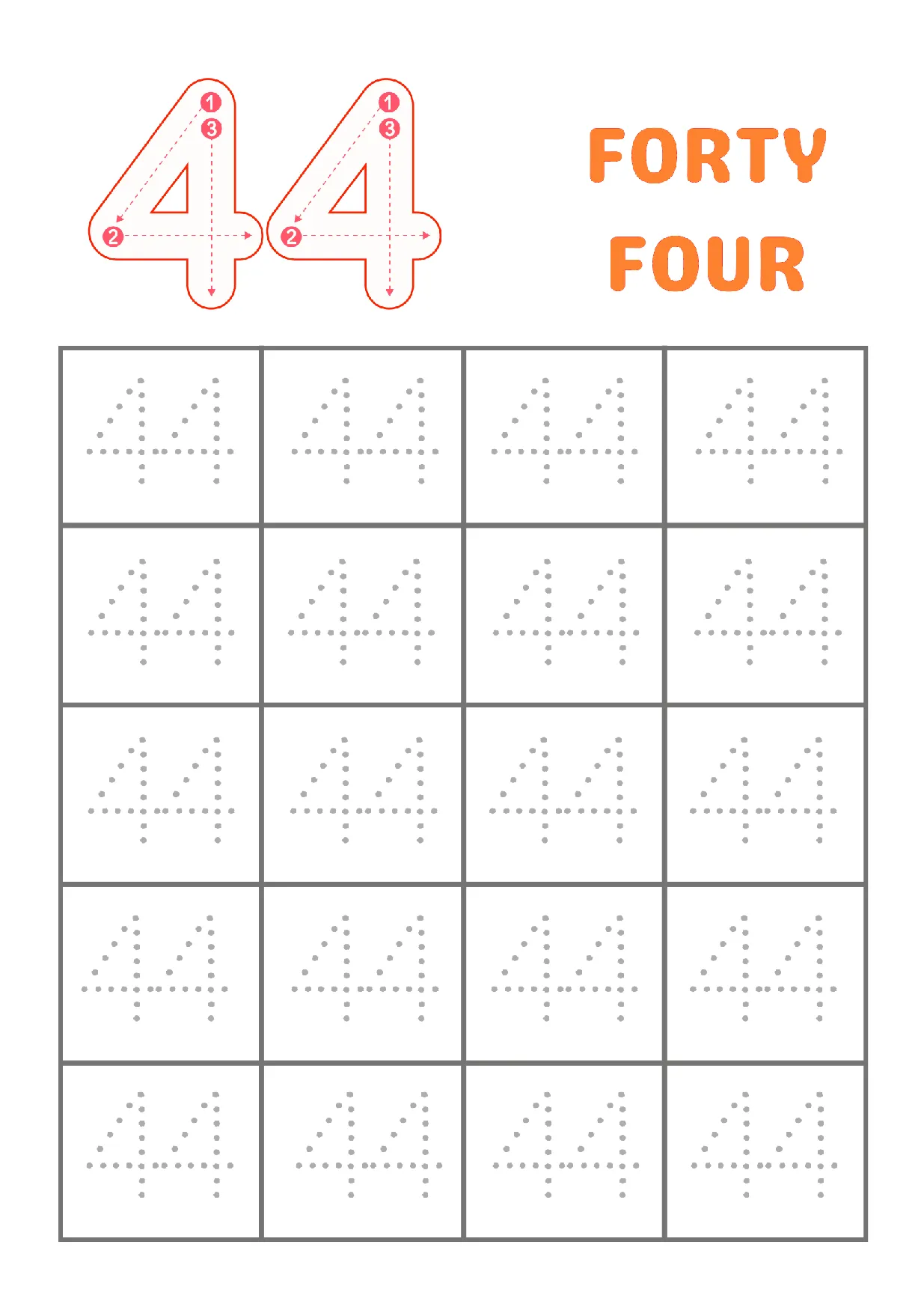 Trace Number 44 Worksheet | Kindergarten Number Practice