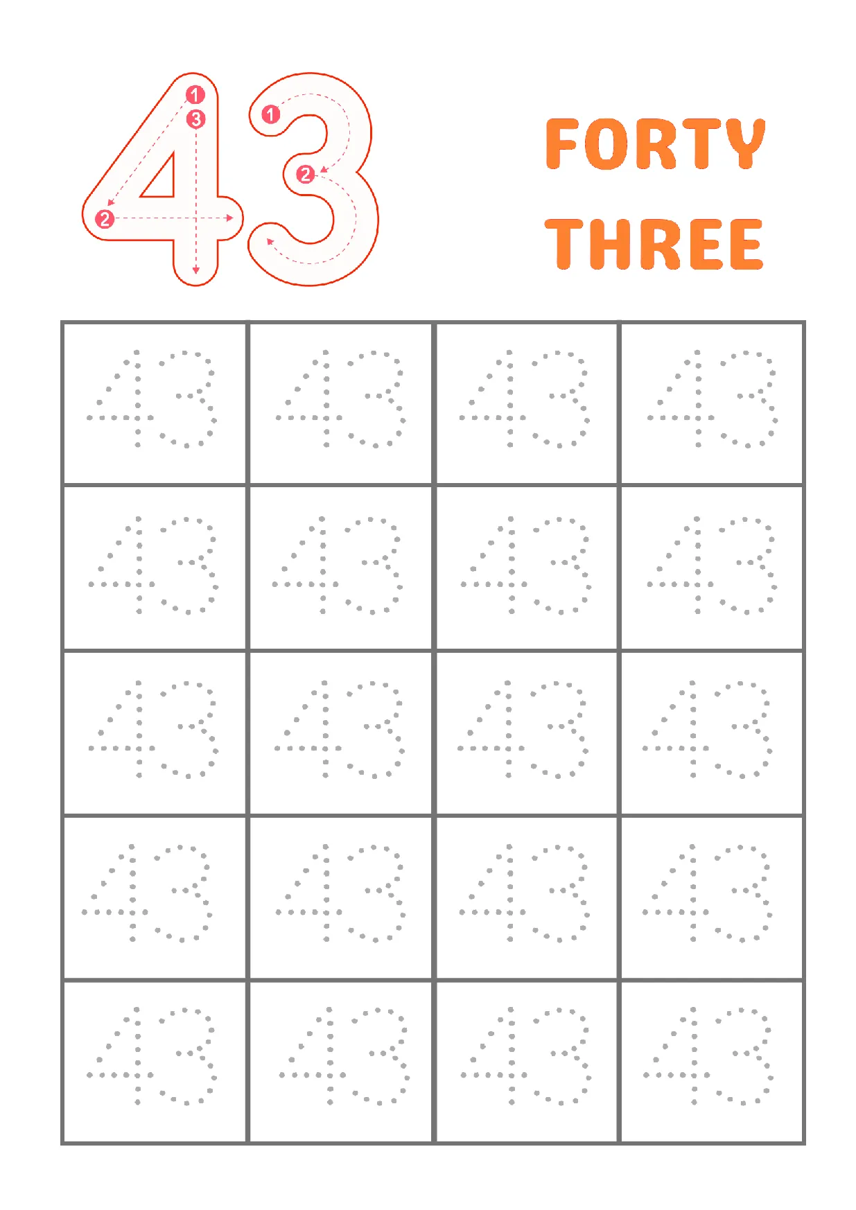 Trace Number 43 Worksheet | Fun Writing Practice for Kids