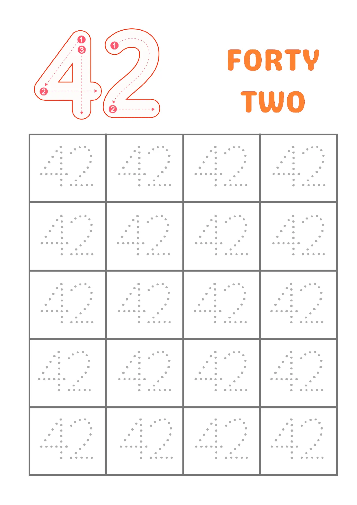 Number 42 Tracing Worksheet for Kindergarten Students