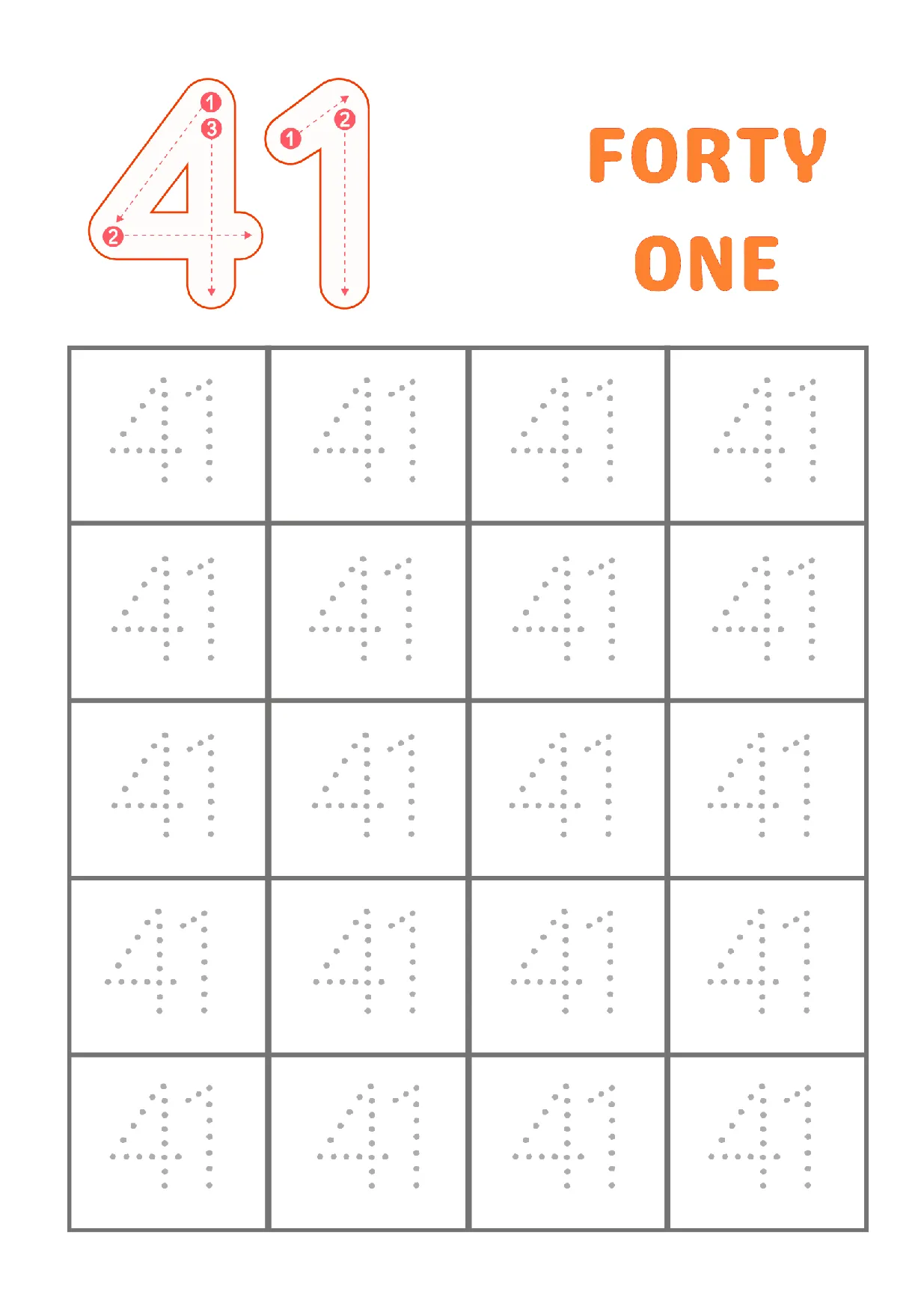 Tracing Number 41 Worksheet | Practice Writing Forty-One