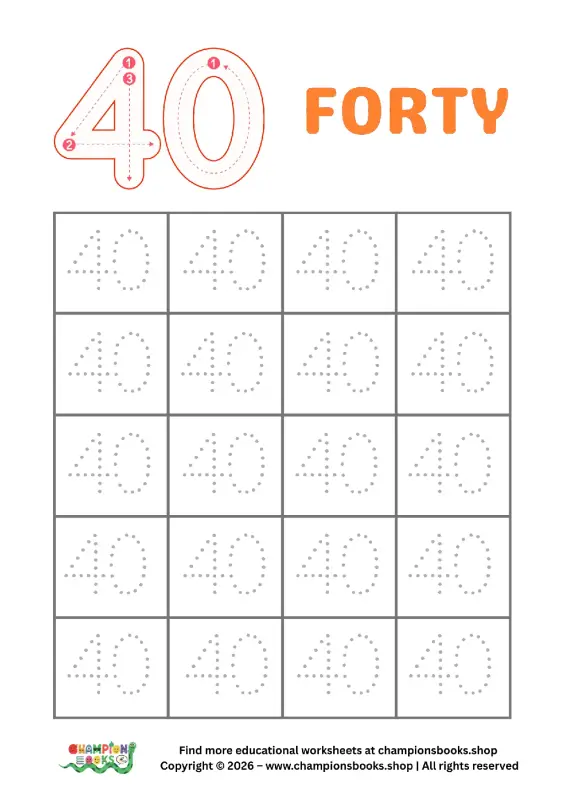 A tracing worksheet for the number 40, showing stroke order and multiple dotted outlines for practice, ideal for kindergarten students to learn number formation.