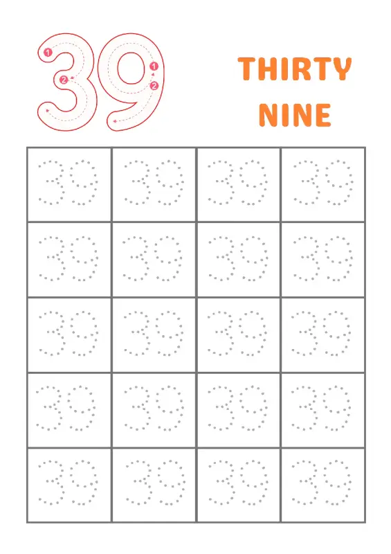 Trace Number 39 Worksheet | Learn to Write Thirty-Nine
